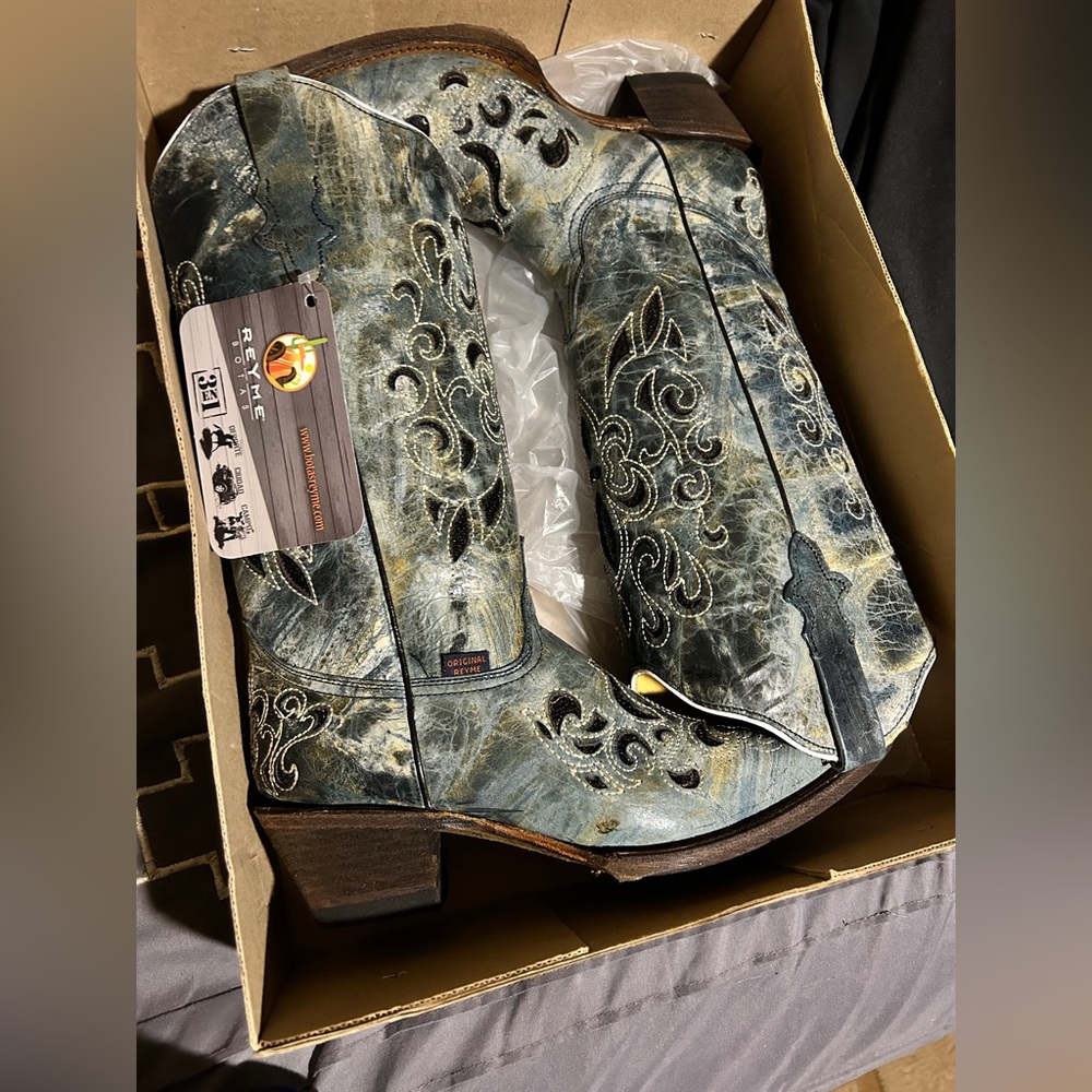 Reyme Distressed Blue Western Cowboy Boots with Embroidered Design